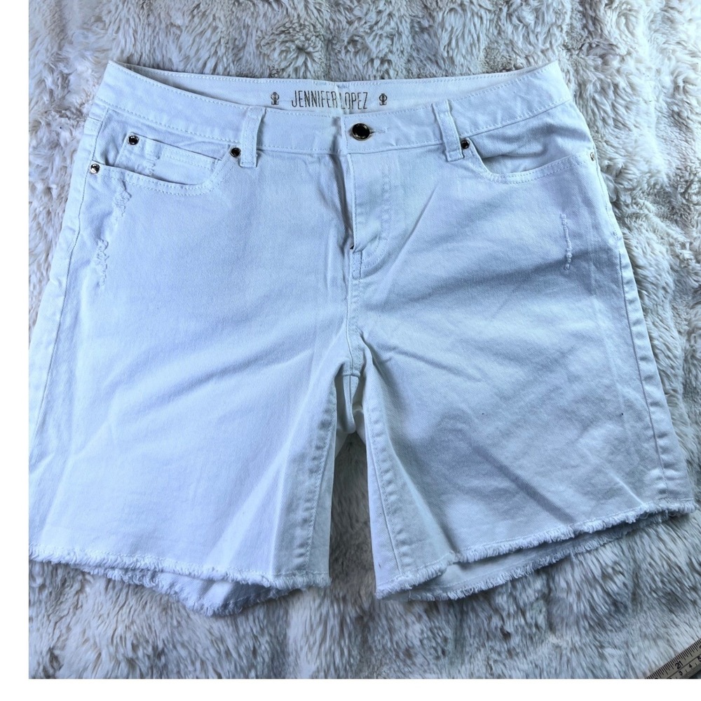 Jennifer Lopez Womens White Distressed Raw Hem Denim Shorts Size Large A18